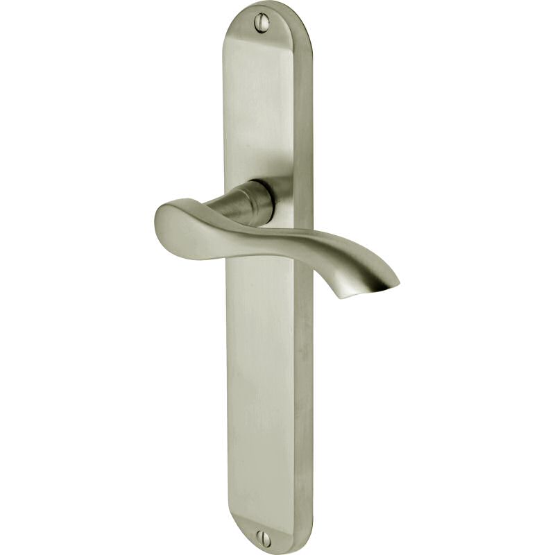 Algarve handle lever latch on long plate satin nickel