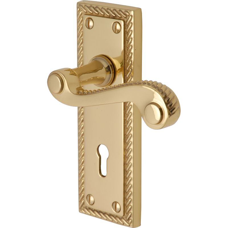 Capitol handle lever lock on long plate polished brass