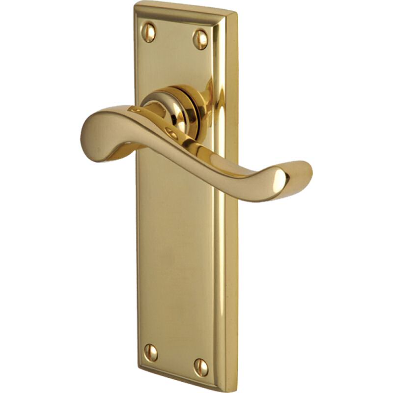 Edwardian handle lever latch on long plate polished brass